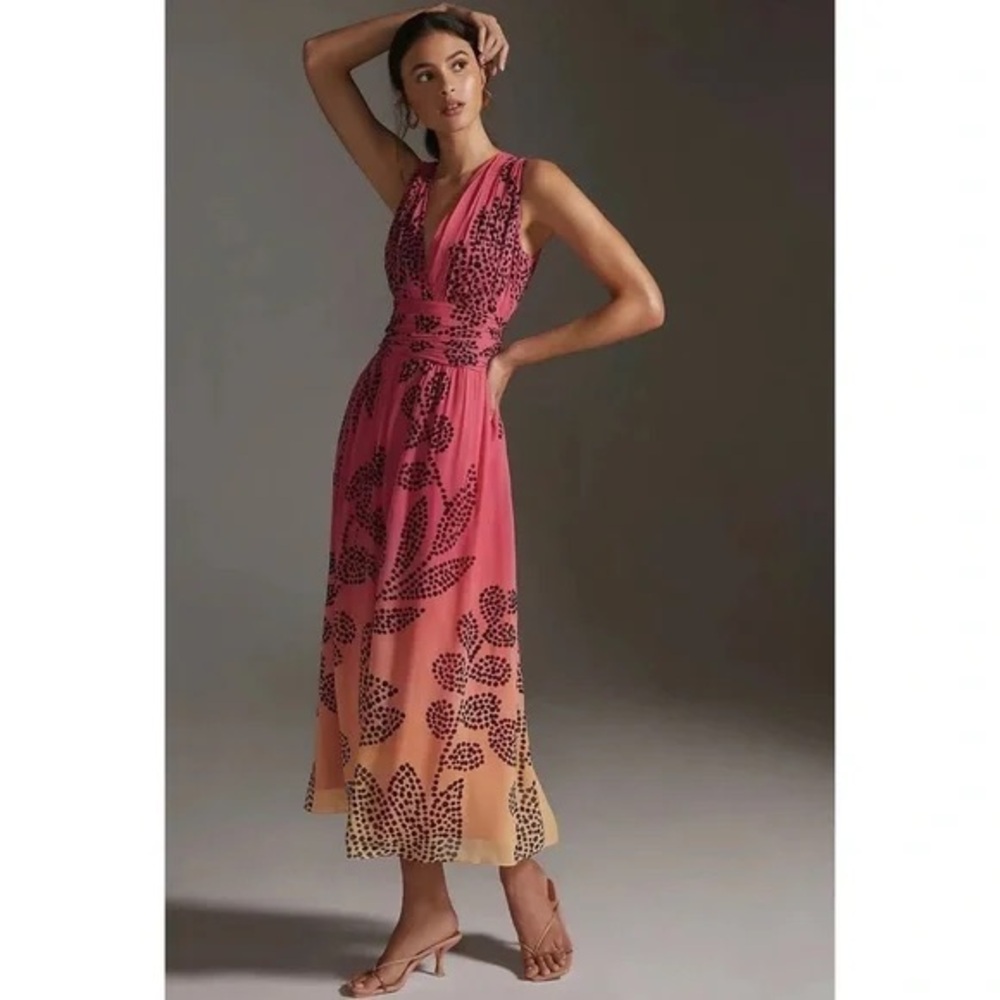 Anthropologie Pink to Peach Ombre Midi Dress with Black Floral Print